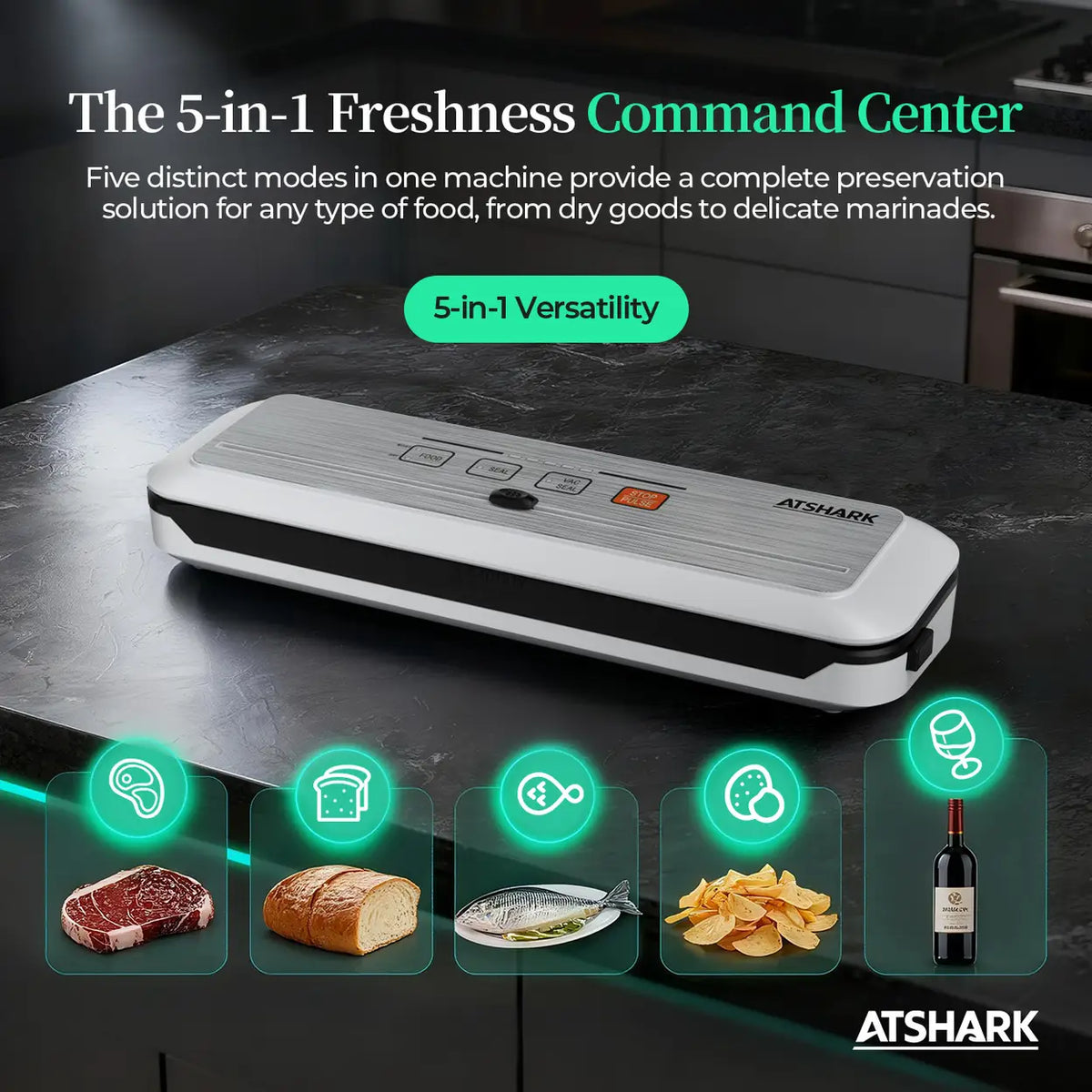 ATSHARK 5-in-1-Vakuumierer – Hochdruck-Touchscreen-Design, schnell und praktisch, inklusive 50 Vakuumbeutel, ideal für die Lebensmittelkonservierung zu Hause, weiß, VS6621