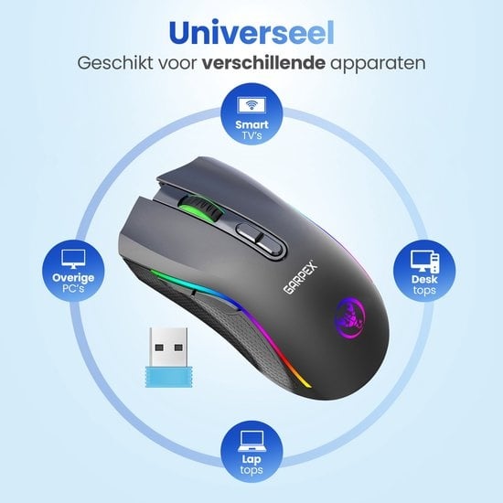 GarpexÂ® Silent Wireless Mouse - Gaming-Maus - Computermaus - Kabellose Maus - Mit LED-Beleuchtung - Wiederaufladbar - Schwarz