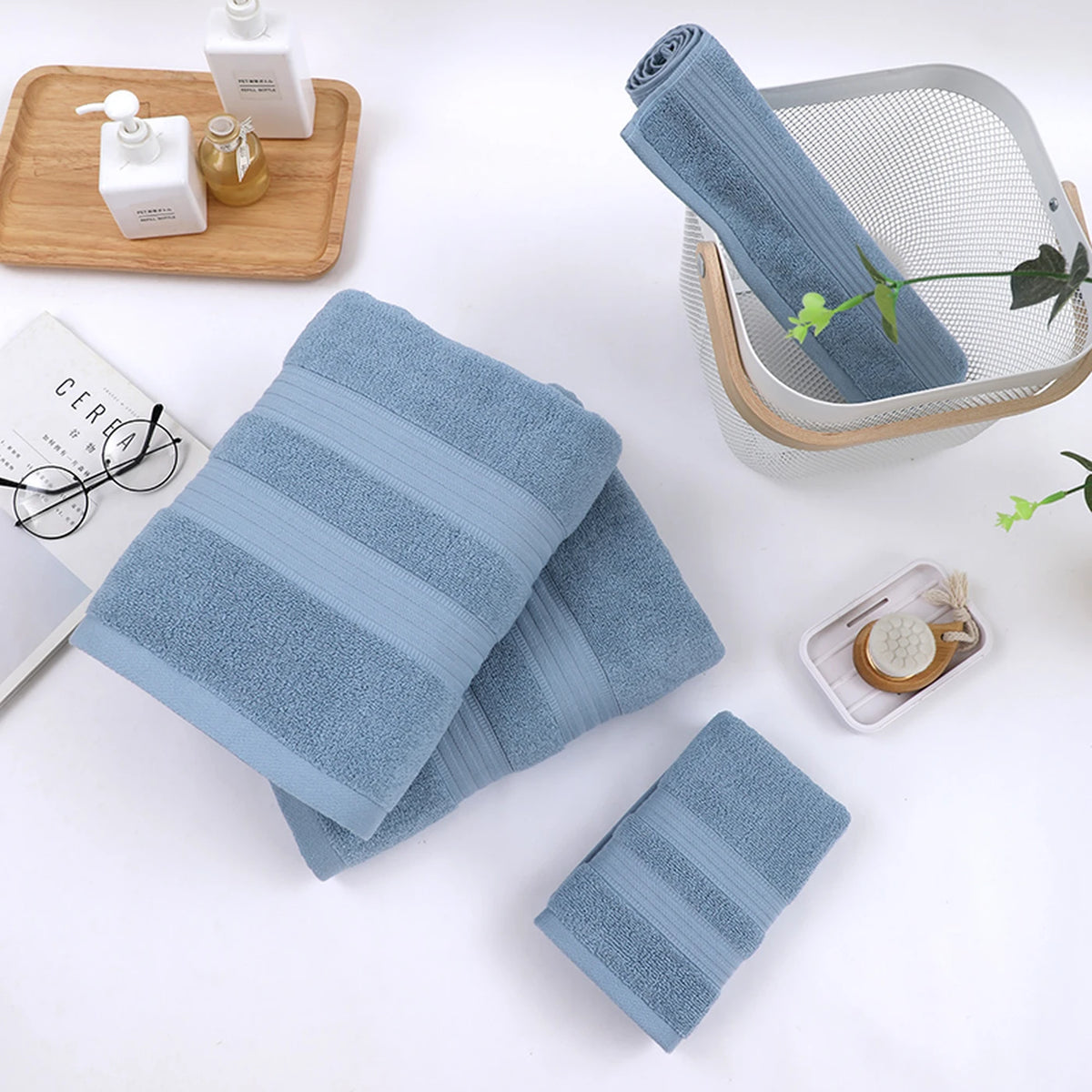 Tuqiang Badetuch-Set, 4er-Set – Blau – 100 % Baumwolle, gebürstetes Garn