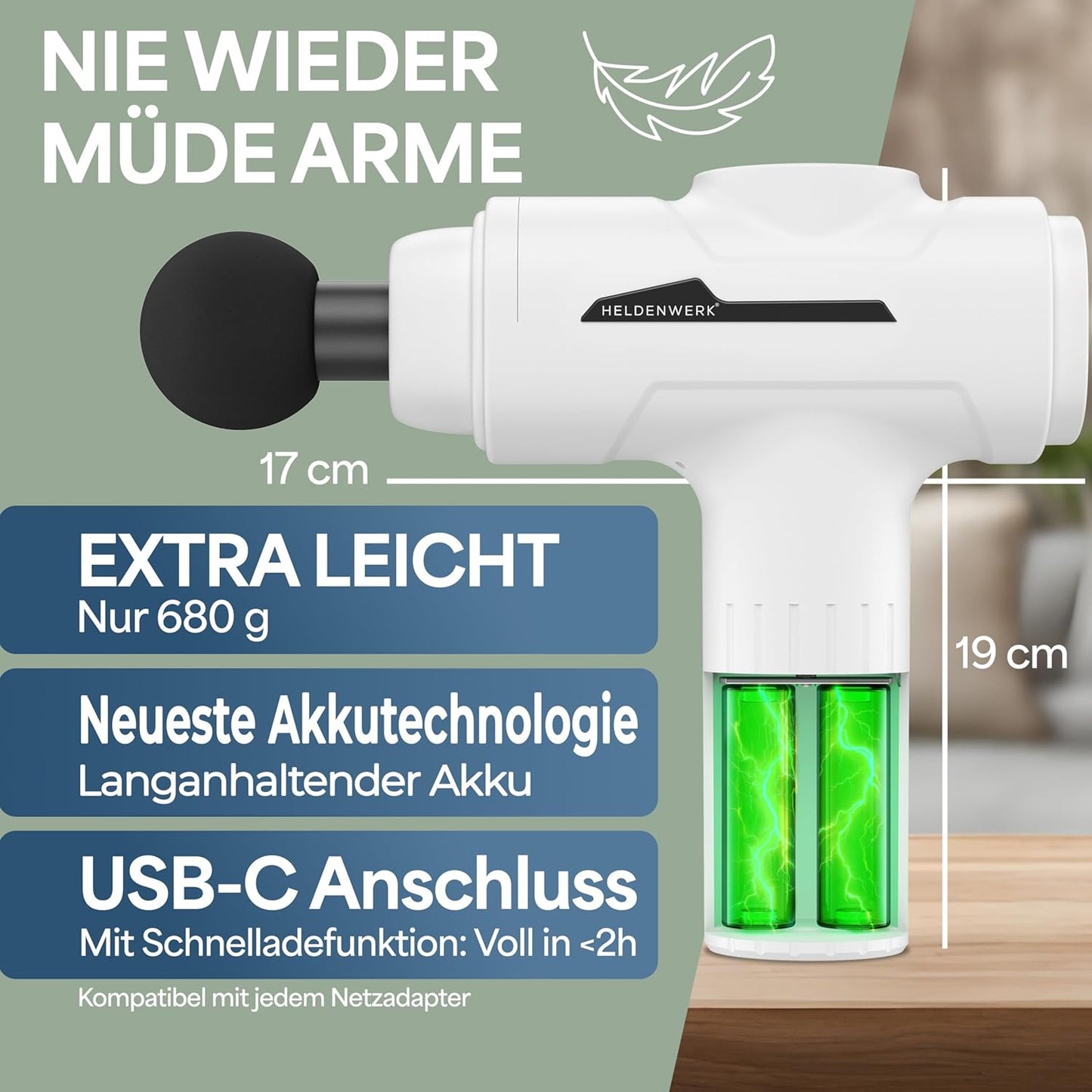 HELDENWERK Aktiv-Massagepistole - 30 Geschwindigkeiten - 6 Massageköpfe - flüsterleise - USB-C wiederaufladbar - LCD-Touchscreen - inklusive Aufbewahrungskoffer - weiß