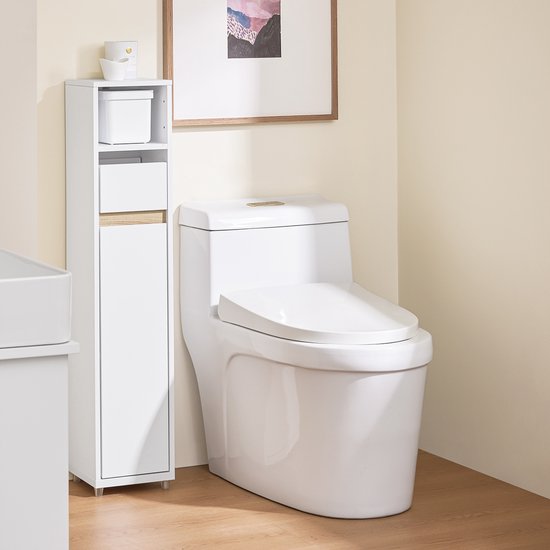 SoBuy BZR151-W Badezimmerschrank für schmale Räume, kompakter Aufbewahrungsschrank mit verstellbarem Einlegeboden und Schublade, für Badezimmer, Toilettenschrank aus Holz, weiß, 20 x 20 x 96 cm