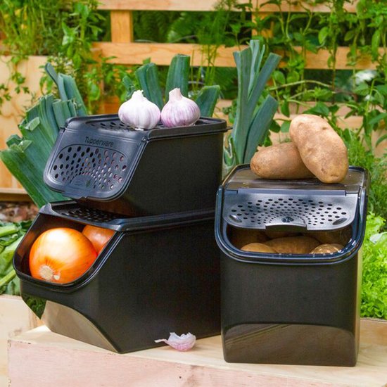 Tupperware-Set – PotatoSmart 8,3 l, OnionSmart 5,5 l & GarlicSmart 2,3 l – Innovative Behälter für Kartoffeln, Zwiebeln und Knoblauch mit optimaler Luftzirkulation – Stapelbares Design – Spülmaschinenfest