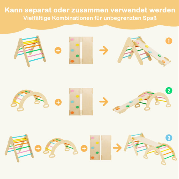 Coast 4-in-1 Holz-Kletterregal-Set - Kletterdreieck, Kletterbogen, Doppelseitige Rutsche/Kletterrampe, 50 kg belastbar - Verschiedene Abmessungen - Buchenholz - Farbenfroh