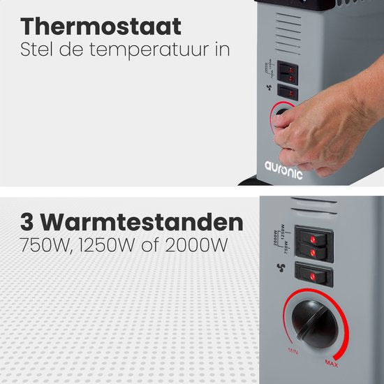 Auronic Elektrokonvektor - 750/1250/2000 Watt - mit Gebläse - Heizung - Heizlüfter - Grau