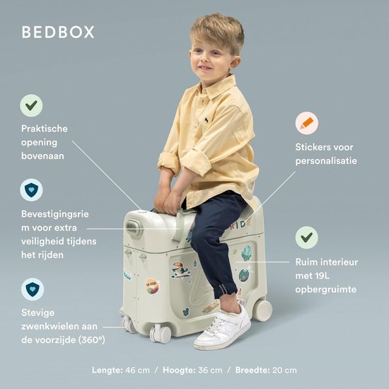 Stokke JetKids Reise-Set, Sea Green – Mit BedBox Ride-On-Koffer und Rucksack – Für Kinder von 2 bis 7 Jahren (bis 35 kg)