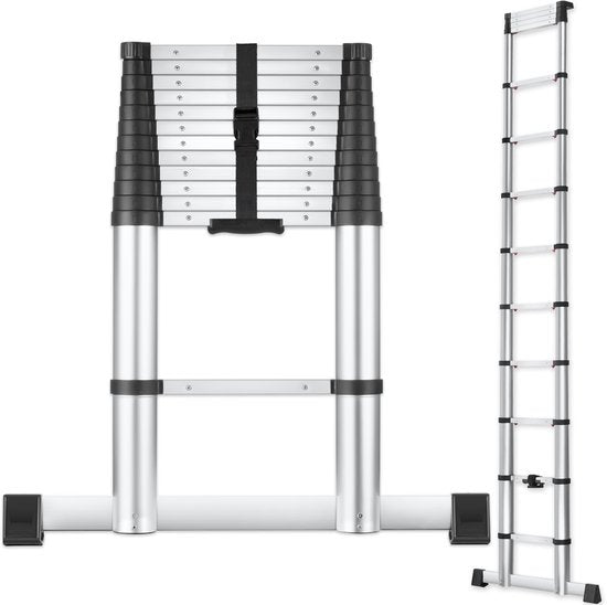 tectake® Teleskopleiter mit 13 Sprossen – Klappleiter – 3,85 Meter – Soft-Close – rutschfest – ausziehbare Teleskopleiter – Anlegeleiter – leichte Aluminiumleiter – zuverlässige Verriegelung