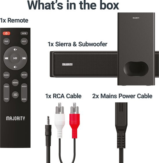Majority Sierra Plus Dolby Atmos 2.1.2 Soundbar + Subwoofer - 400W, 3 x HDMI, Bluetooth, Optisch, USB