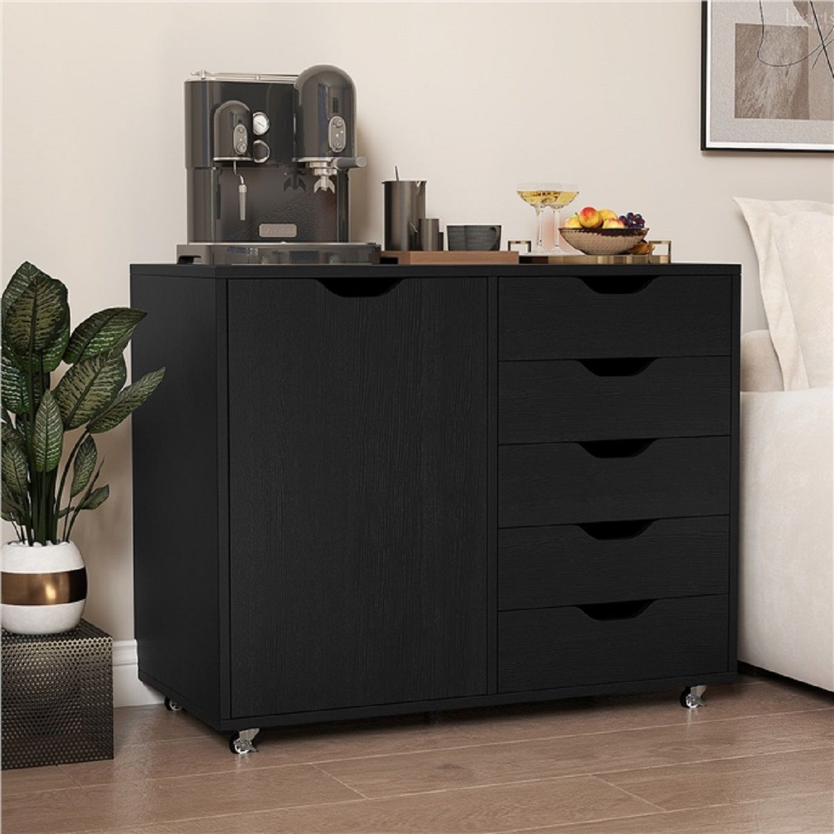 Coast Rollcontainer mit 5 Schubladen – Tür und Arbeitsplatte – mit Rollen – schwarz – 79 x 39 x 65 cm