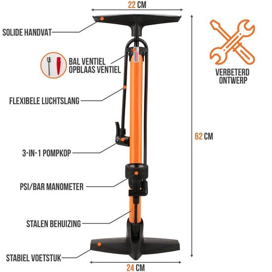 Strex Fahrradpumpe - Druckmesser - 11 Bar - Ballpumpe - Orange