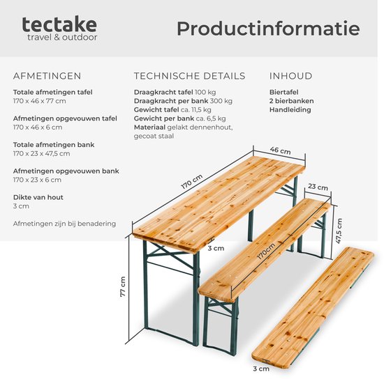 tectake - Biertisch mit 2 Bänken - 8 Personen - 170 cm lang - 3-teiliges Biertischset mit Klapptisch und Bänken - Gartentisch - Bierbank Oktoberfest