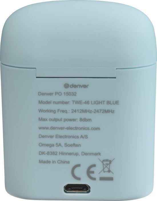 Denver TWE-46 - Ohrhörer - Drahtlos - Drahtlose Ohrhörer - Bluetooth - mit Ladeetui - Freisprecheinrichtung - Sport - Headset - In-Ear - Bluetooth 5.0 - Hellblau