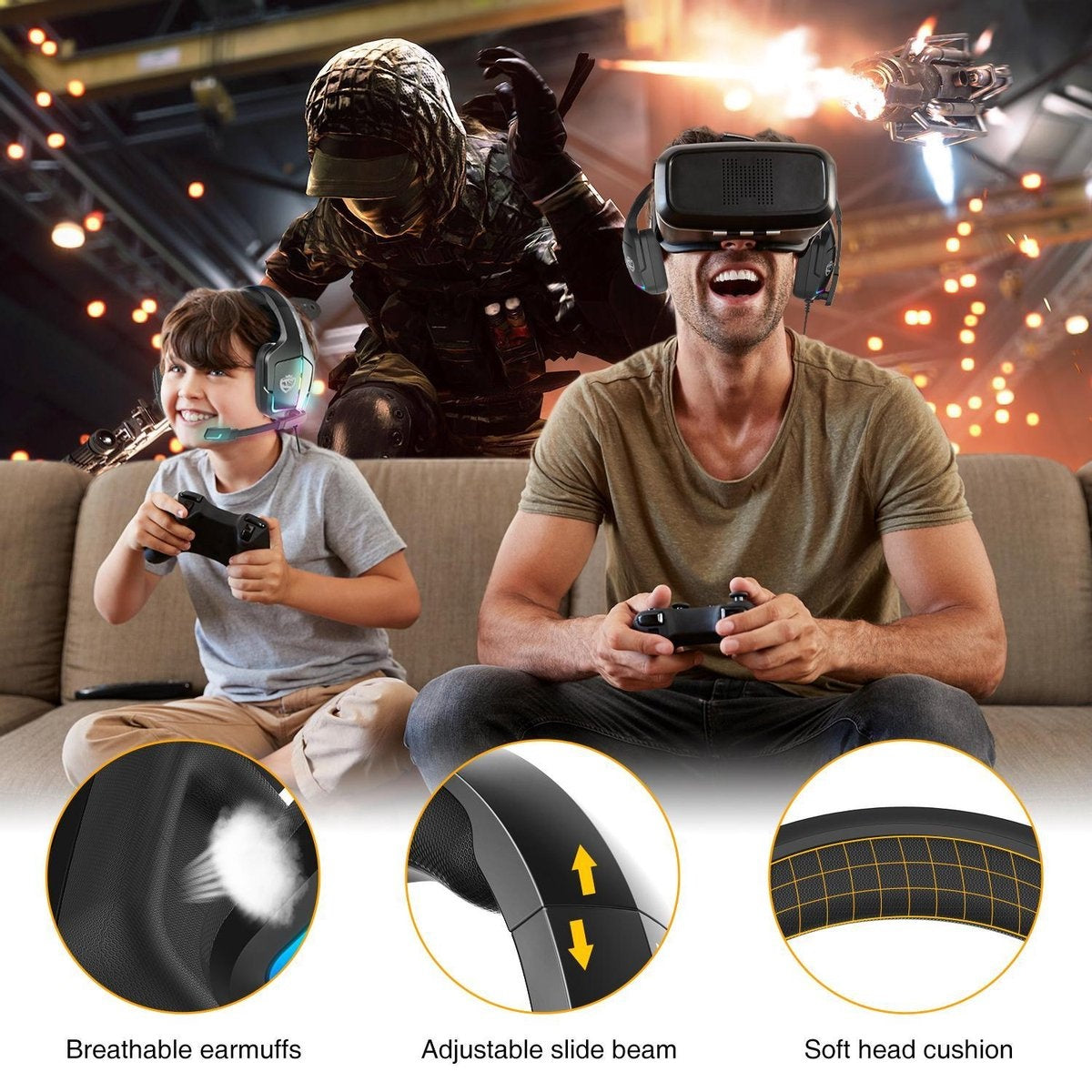 SoulBytes S12 RGB Over-Ear-Kopfhörer - Gaming-Headset mit Stereo-Mikrofon - Multi-Plattform - Schwarz