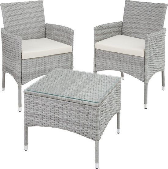 tectake - Geflechtmöbel-Gartenset mit abnehmbaren Bezügen, 2 Stühle und Tisch mit Glasplatte, 2x Outdoor-Loungesessel mit Armlehnen und Gartentisch, Gartenmöbel-Set, Balkonmöbel - hellgrau - Poly-Rattan
