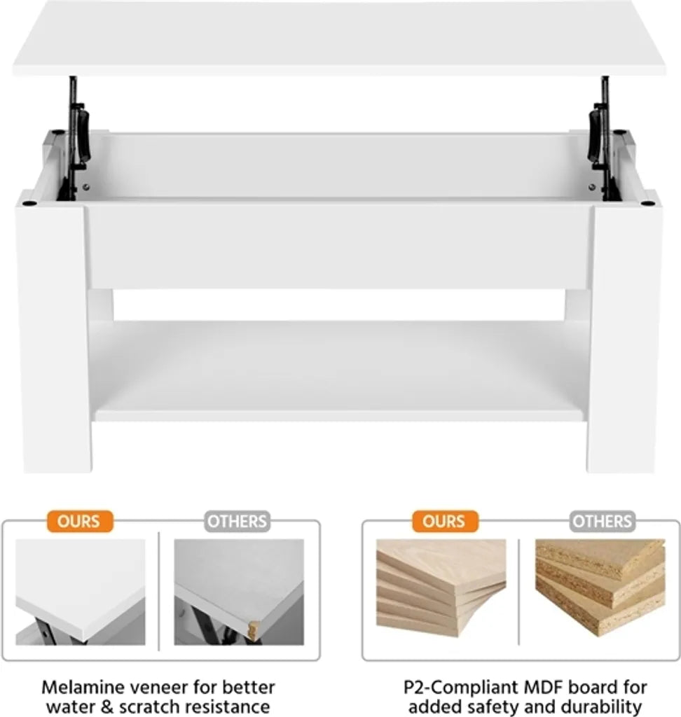 Yaheetech Couchtisch mit verstellbarer Tischplatte 98 x 50 x 41,8 cm – Weiß – Ausziehbarer Lift-up-Couchtisch mit Stauraum