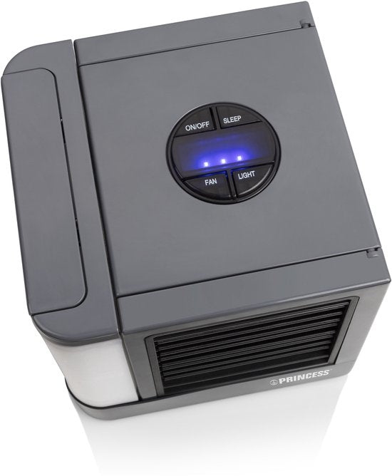 Princess 355500 Premium Mini-Luftkühler 14,2 x 14,2 x 14,8 cm – Tragbare Klimaanlage für Schreibtisch und Schlafzimmer – Luftkühler mit USB-C-Anschluss, LED-Beleuchtung in 7 Farben, herausnehmbarer Wasserverdunstungsfilter, persönlicher Kühler, kompakt fü