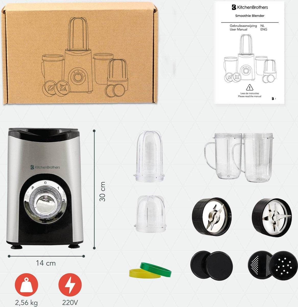 KitchenBrothers Smoothie Mixer - 13-teiliges Set - 4 Becher - Smoothie Maker To Go - 350W - Edelstahl