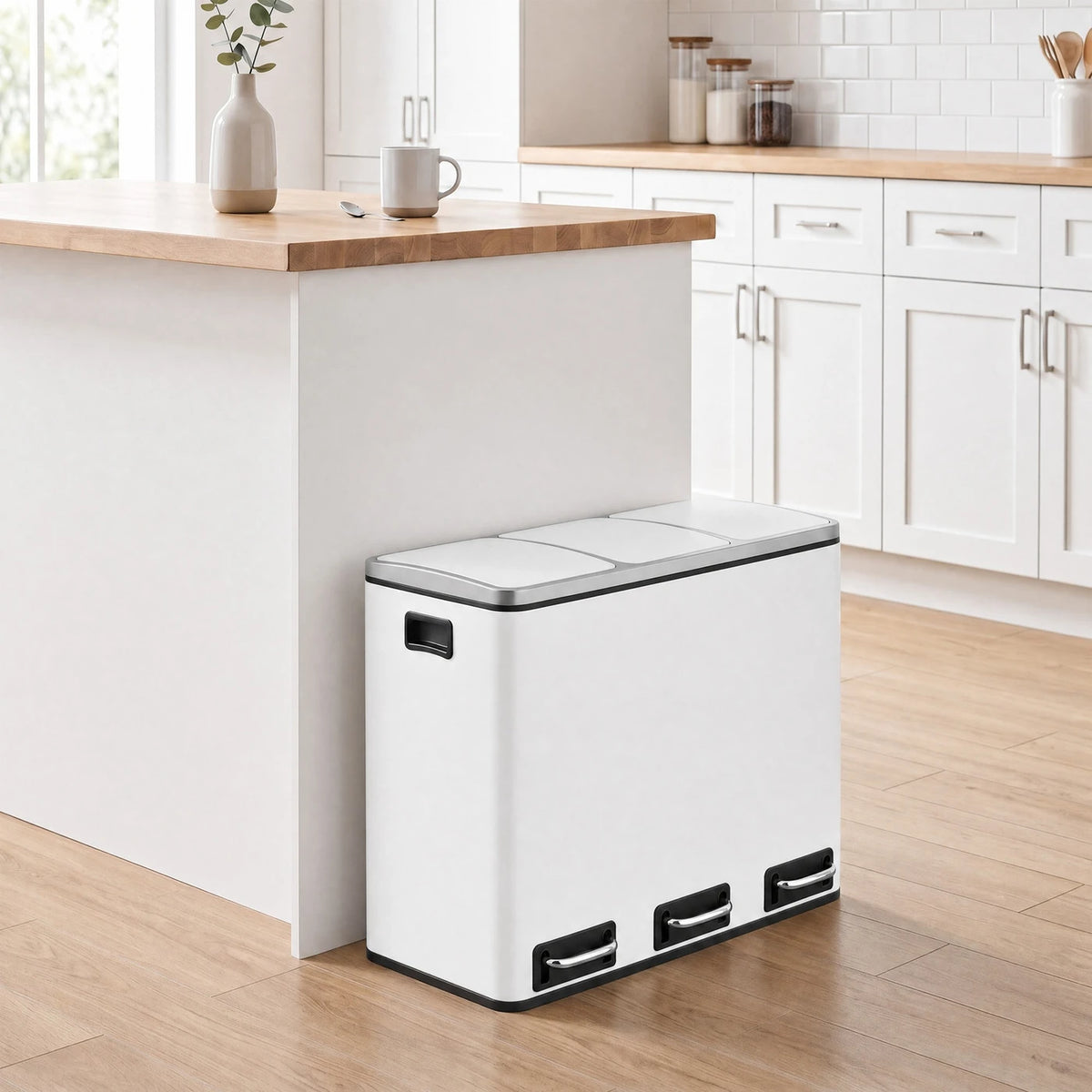 Joyfurnos Küchenabfalleimer 3x18 l – Mülltrennung mit Pedal – Soft-Close-Deckel – 61 x 31,5 x 55,5 cm – Weiß