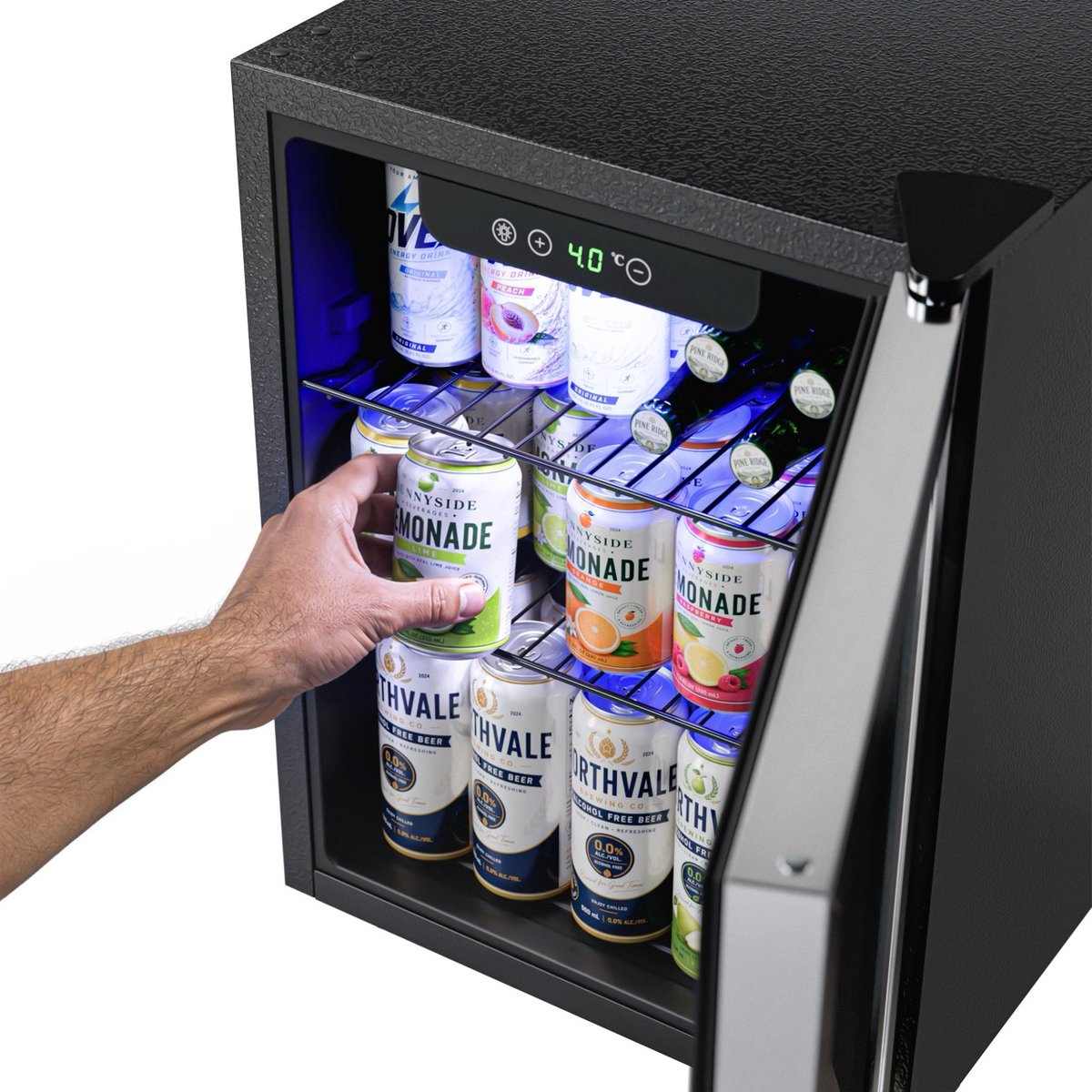 KitchenBrothers Getränkekühlschrank 48 l – Minikühlschrank mit Glastür – Minibar – Platz für 68 Dosen – Schwarz