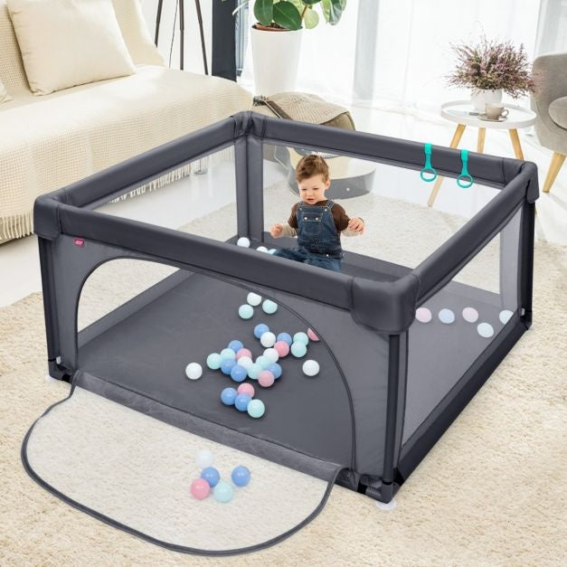 Coast Baby Laufstall Ground Box mit 50 Spielbällen Laufstall mit atmungsaktivem Netz 120 x 120 cm Dunkelgrau