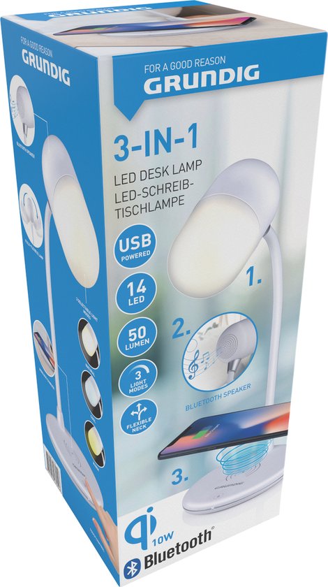 Grundig Schreibtischlampe Led 3-in-1 - kabelloses Handy-Ladegerät mit Qi-Technologie - Bluetooth-Lautsprecher - Leselicht - Weiß