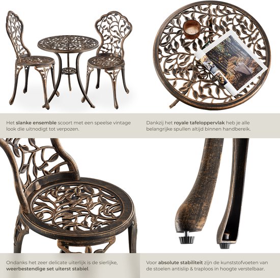 tectake® 2-Personen-Bistro-Set - Vintage Bistro-Tisch mit 2 Bistro-Stühlen - Aluminium-Bistro-Set für Garten, Terrasse oder Balkon - wetterfest - bronzefarben