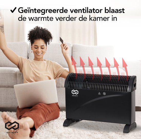 Infinity Goods - Elektrischer Konvektor - Turbofunktion und Gebläse - 750 / 1500 / 2000W - Einstellbarer Thermostat - Heizkörperheizung - Überhitzungsschutz - 35m² - Schwarz