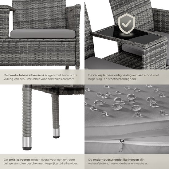 tectake - Geflecht-Gartenbank mit Tisch, 2-Sitzer-Bank, 131 x 61 x 82 cm, Bank für Gartenbalkon und Terrasse, Gartenbank inklusive Sitzkissen - grau/hellgrau - Poly-Rattan