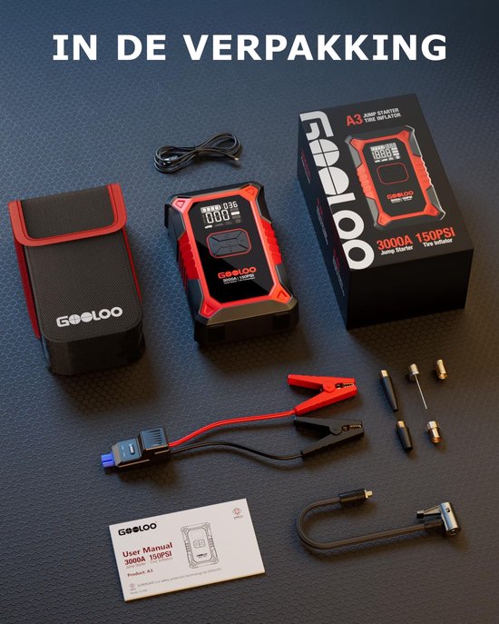 GOOLOO A3 – Tragbarer Starthilfe-Akku mit Kompressor und Powerbank – 3000 A – 12-V-Fahrzeuge – USB-Schnellladung – Kompaktes Design – LED-Taschenlampe – Für Auto, Motorrad und Boot