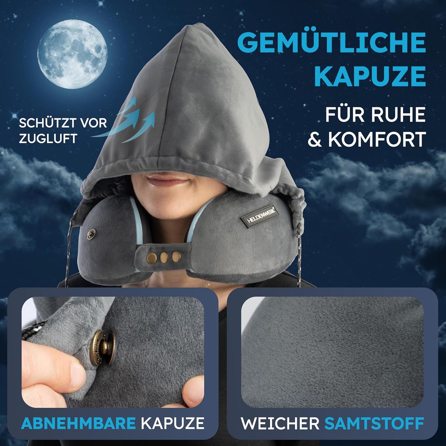 Heroism Nackenkissen - Mit Kapuze - 6-fach verstellbar - Waschbar - Grau