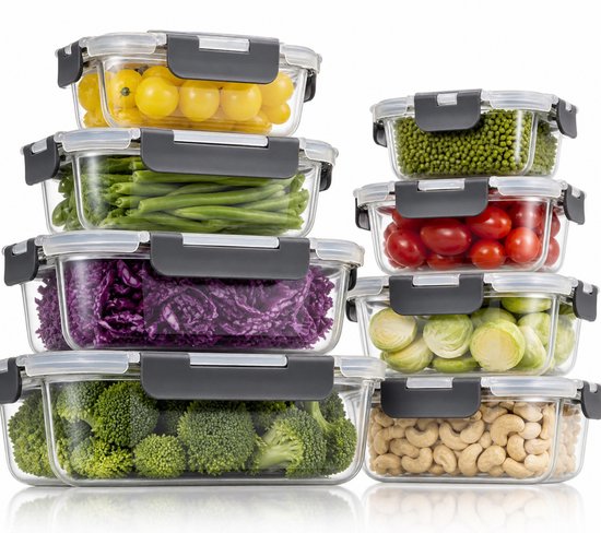 Organess Meal-Prep-Behälter – Frischhaltebehälter – Tiefkühlbehälter – 8-teiliges Set – BPA-frei – Glas – BPA-freier Deckel