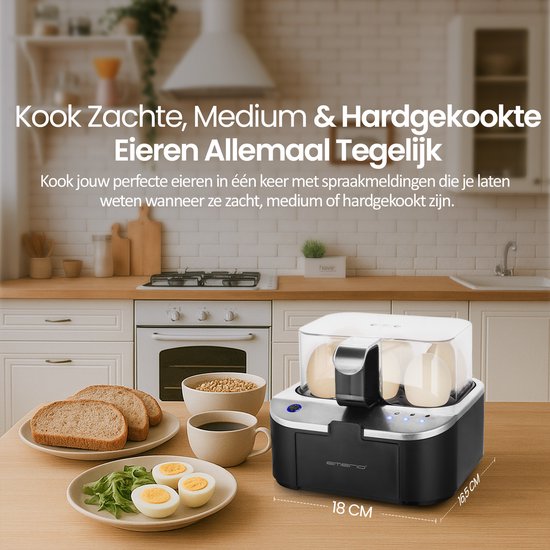 Emerio Smart Elektrischer Eierkocher – Für 6 Eier – 400 W – Sprachansagen – Hart, weich und mittel gekocht gleichzeitig – Inklusive Messbecher – EB-123177.12 – Eierkocher Schwarz