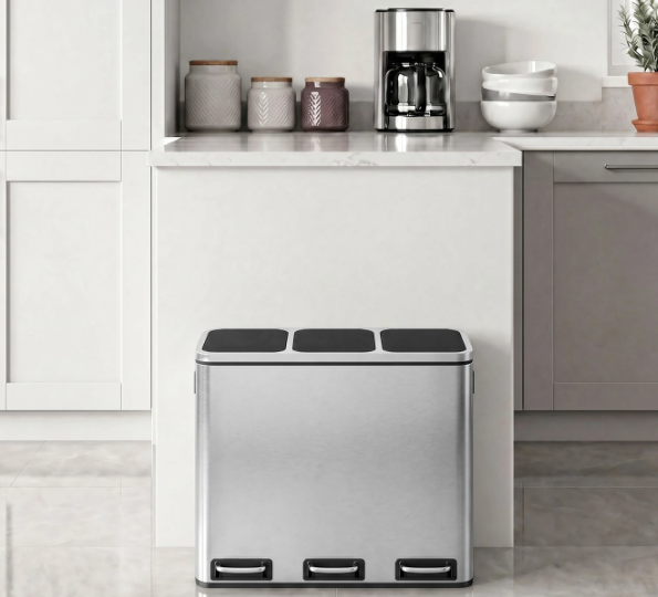 Joyfurnos Abfallbehälter mit 3 Fächern, 3 × 18 l – Silber & Schwarz – 61 × 31,5 × 55,5 cm