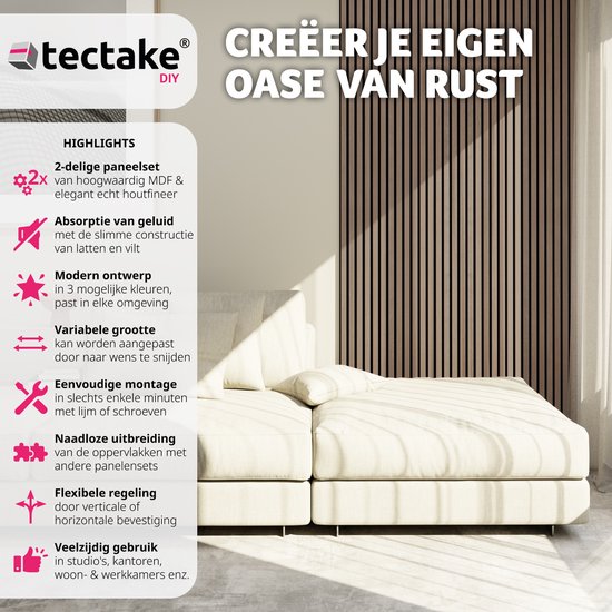 tectake® 2er-Set Akustikpaneele Sonic Wall - Schallabsorbierendes Paneel - Schalldämmung - Größe pro Paneel (LxBxH): ca. 120x60x2,1cm - Verschiedene Farben - Eiche dunkel