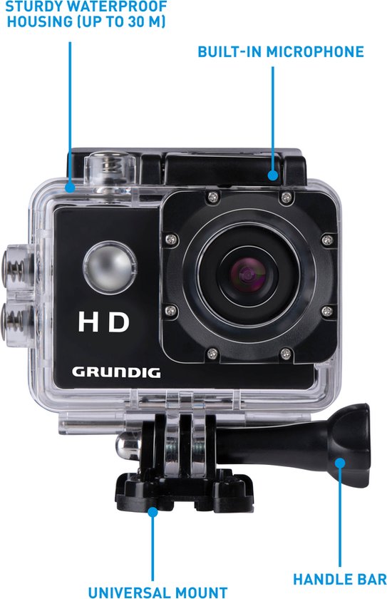 Grundig Action Camera HD720P - Unterwasserkamera - Wasserdicht bis zu 30M - 2" LCD Bildschirm - Inkl. diversem Zubehör - Bewegungserkennung - Schwarz