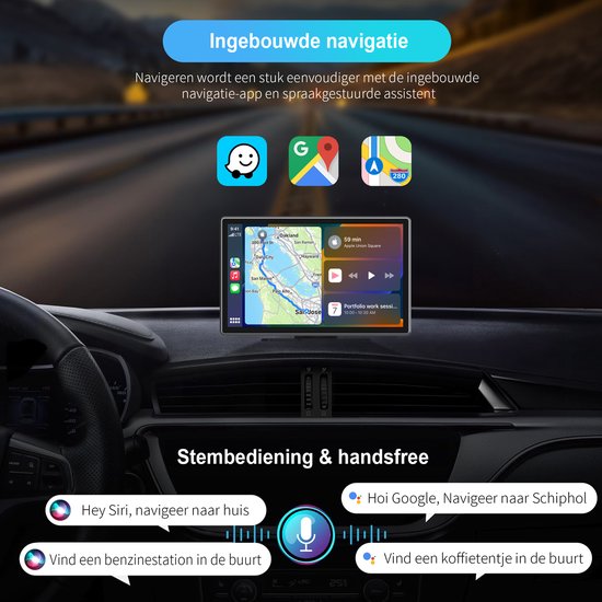Strolox CarPlay-Bildschirm 9 Zoll – Kompatibel mit Apple CarPlay und Android Auto – Drahtlos – Navigationssystem – Universelles Auto-Stereo-Bluetooth – USB-C-Anschluss – 2 Befestigungshalterungen – 2024