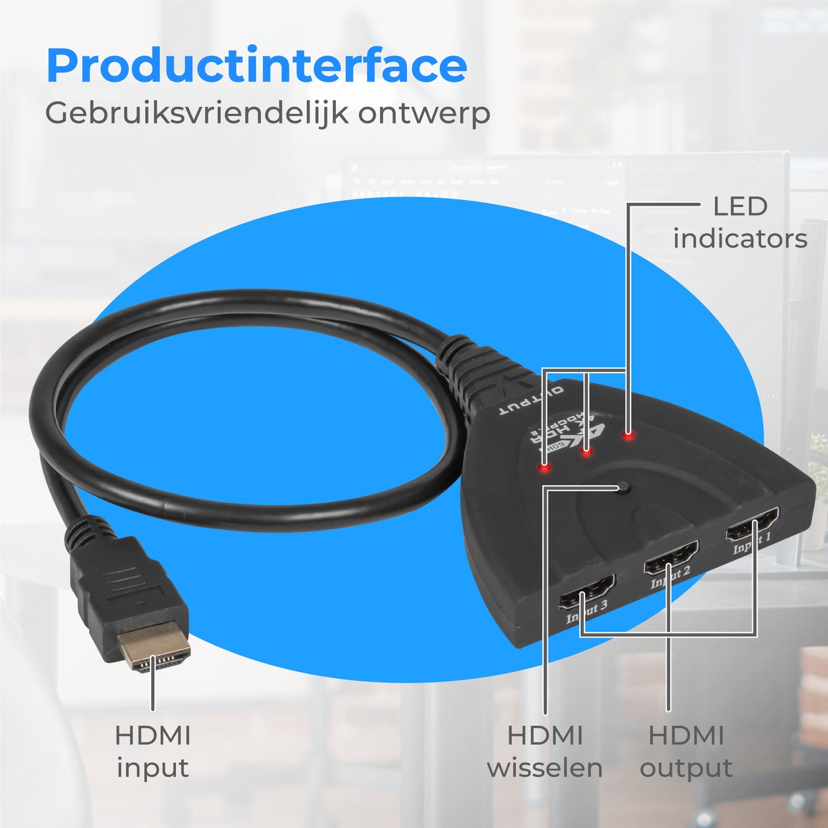 Nuvance HDMI-Umschalter - 3 Eingänge, 4K 60Hz-Unterstützung - 60 cm - Schwarz