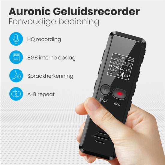 Auronic Digitales Diktiergerät - Diktiergerät - 8GB Speicher - Rauschunterdrückung - USB wiederaufladbar - Abhörgerät - Schwarz
