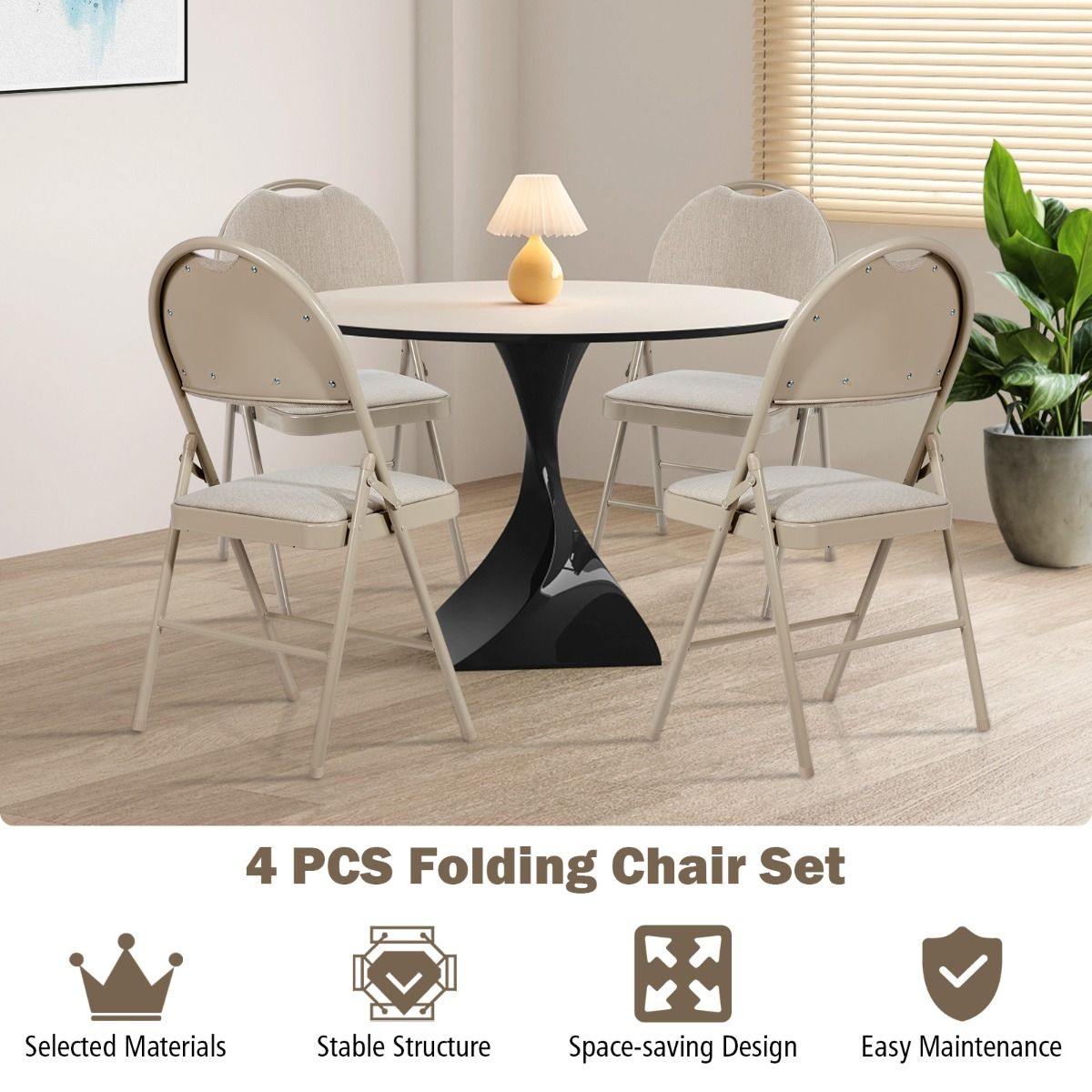 Coast 4-tlg. tragbares Klappstuhl-Set - Metallgestell, gepolsterter Sitz und stoffbezogene Rückenlehne, Beige, 47 x 50 x 88,5 cm