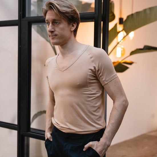 Anti Sweat Shirt - Fibershirts® - Eingenähte Achselpads - Unterhemd - Hautfarbe - V-Ausschnitt - Herren - Größe XXL