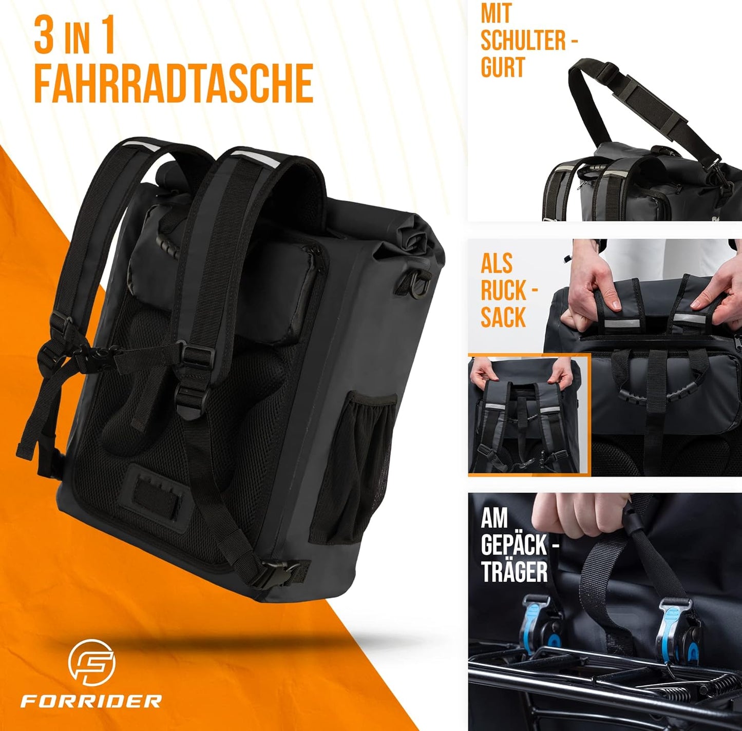 Forrider 3-in-1 Packtasche für Gepäckträger - Rucksack & Umhängetasche, wasserdicht, 27L, Schwarz, 32 x 18 x 57 cm