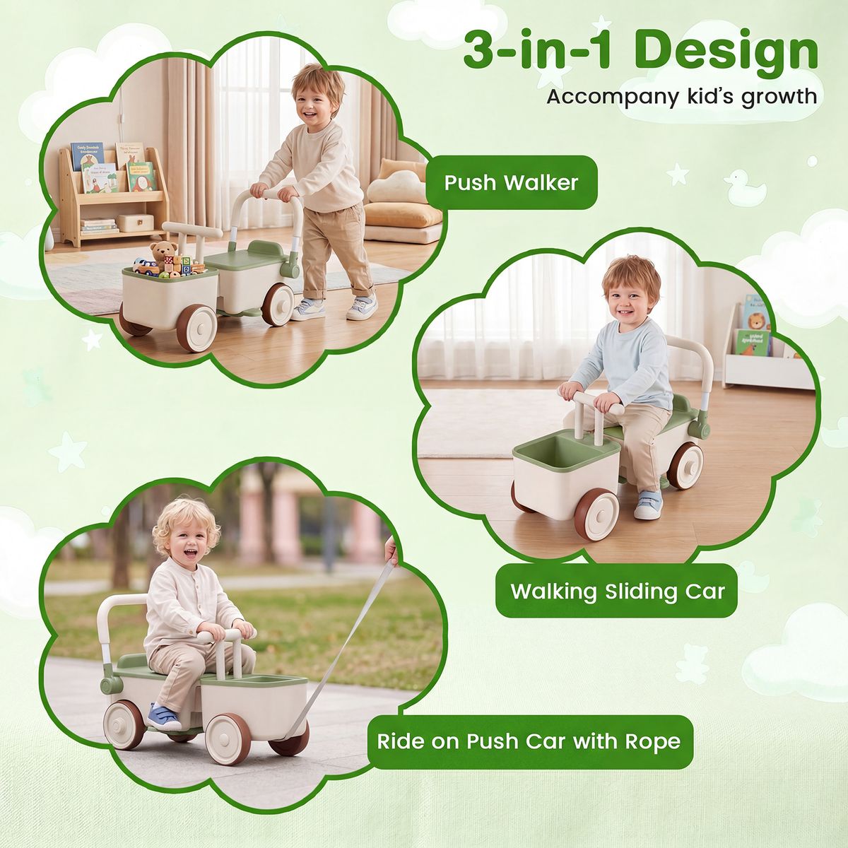 Coast 3-in-1-Laufwagen für Kinder – mit Stauraum – Schiebe- und Ziehfunktion – grün