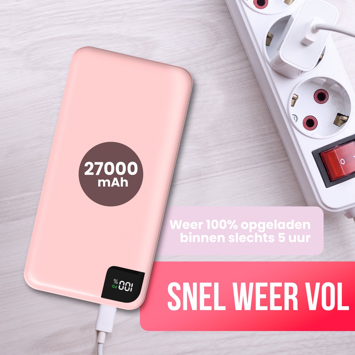 Strex Powerbank Pink - 27.000 mAh - 22,5W Schnellladegerät - USB-A/USB-C - LED-Anzeige - Universal-Powerbank u.a. geeignet für iOS/Android