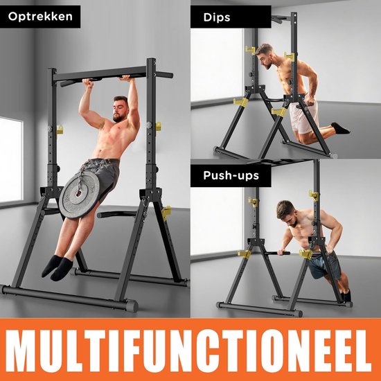 DH FitLife Foldable Power Tower Dip Station | Freistehende Klimmzugstange bis 150 kg mit Dipstangen und Langhantelauflagen | Kraftstation Power Tower | Fitness Station