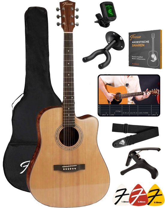 Finesse Premium Akustikgitarre – mit Videokurs – 4/4 41" – Massives Fichtenholz – Western-Gitarre – Gitarre für Kinder und Erwachsene – Natur