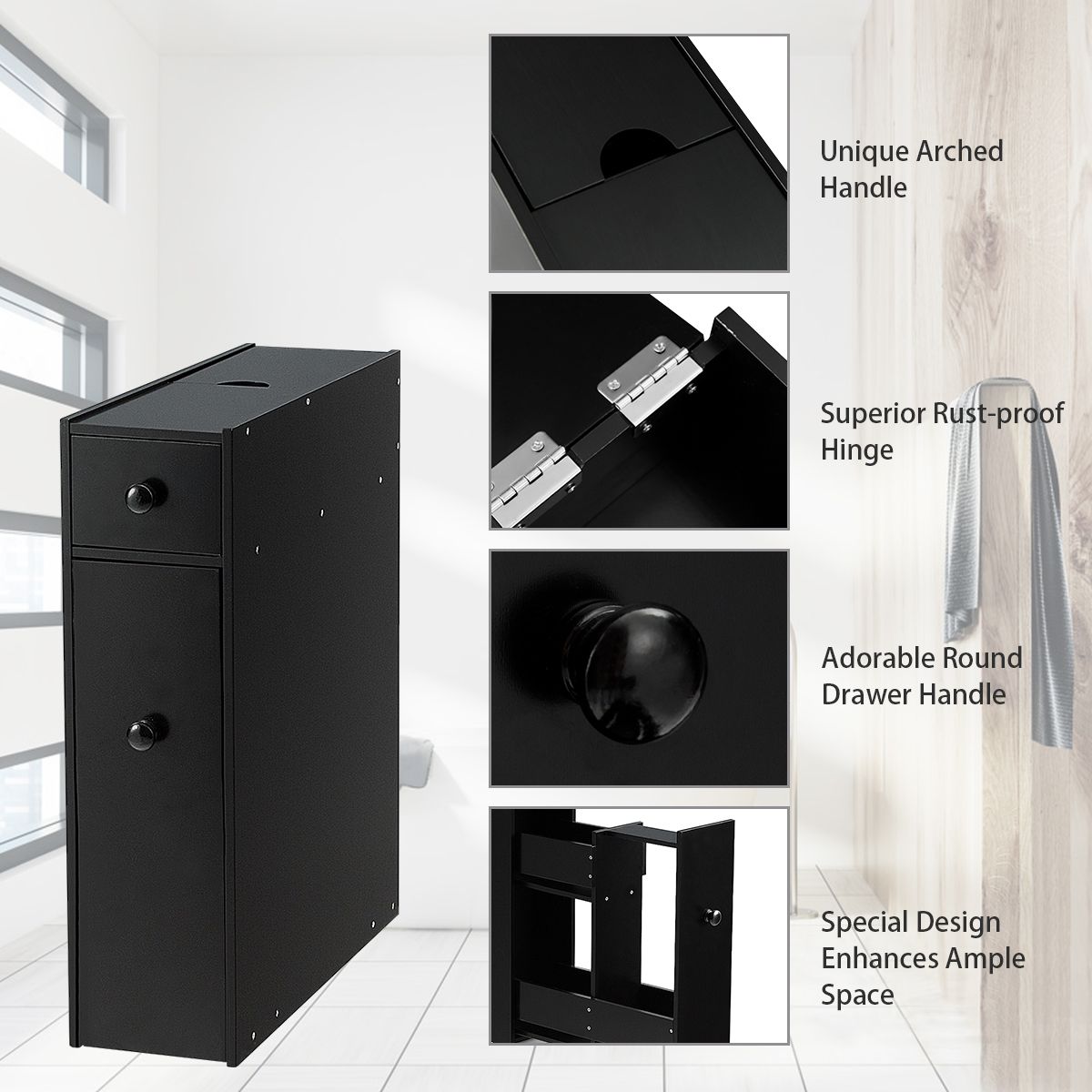 Coast Platzsparender Badezimmerschrank - Multifunktional - 48 x 16 x 58 cm - MDF - Schwarz