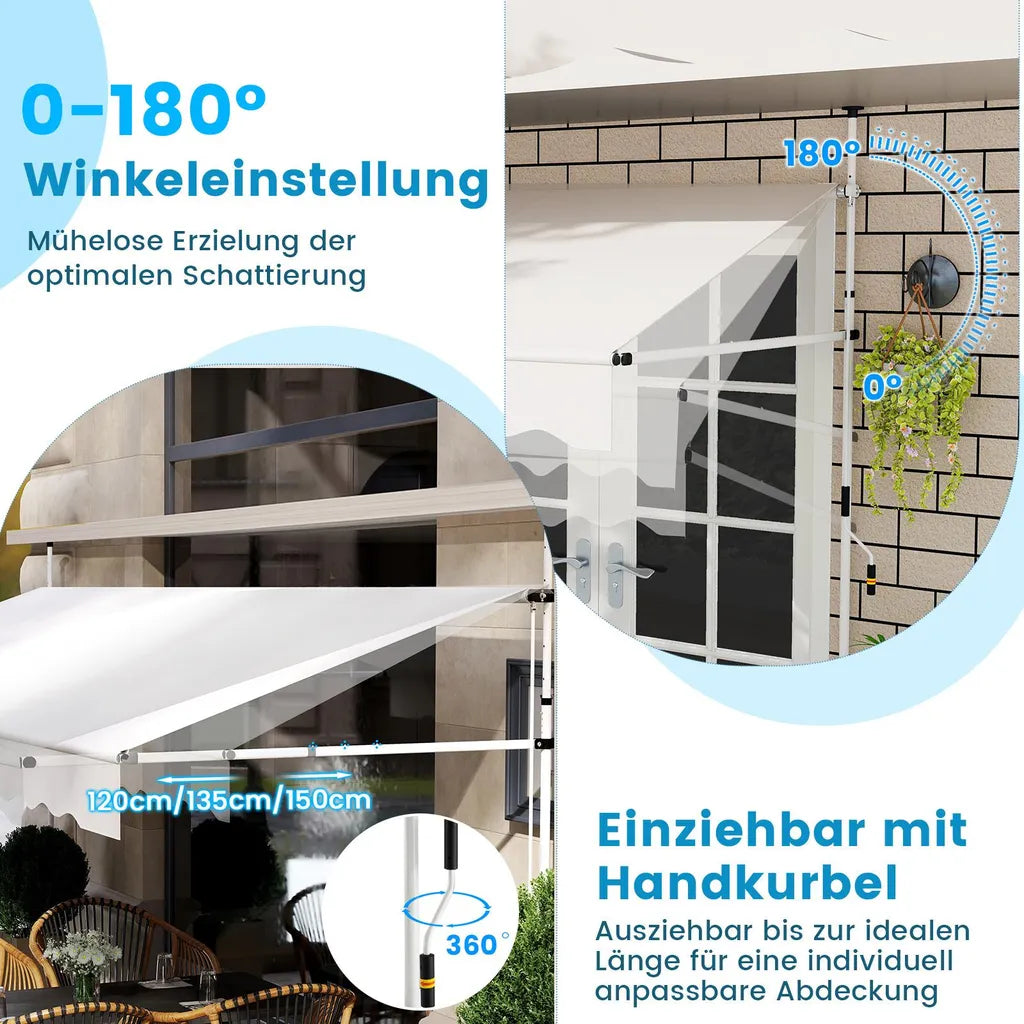 Coast Klemmarkise 400 × 120 cm – Weiß – Bohrfreier Balkonsonnenschutz mit Handkurbel und höhenverstellbar