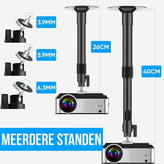Strex Beamer Stativ - Beamer Halterung - Deckenhalterung für Beamer - Verstellbar - 26/40 CM - 5KG Tragkraft