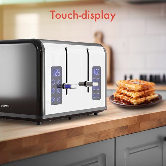 KitchenBrothers Toaster - Toaster - 6 Heizstufen - 4 extra breite Schlitze - Touch-Display - 1630W - Edelstahl/Schwarz