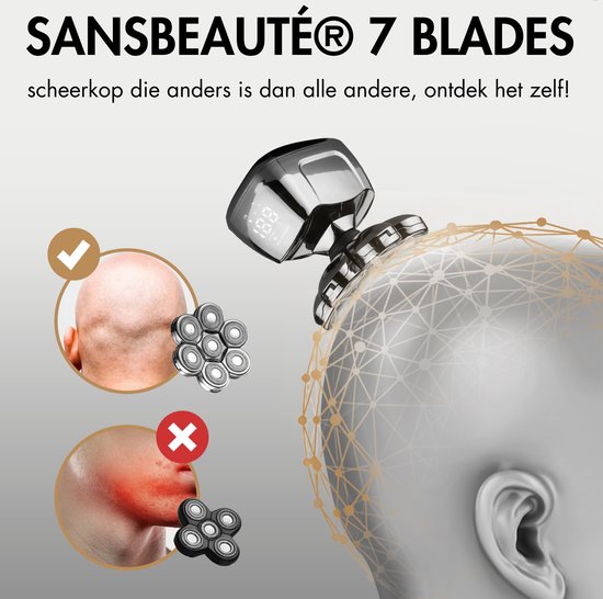 Sansbeauté® - SkullSharp PRO – 6-in-1 Herrenrasierer für Gesicht & Kopf – Kabellos, Nass/Trocken, inkl. Extra-Scherkopf & Aufsätze