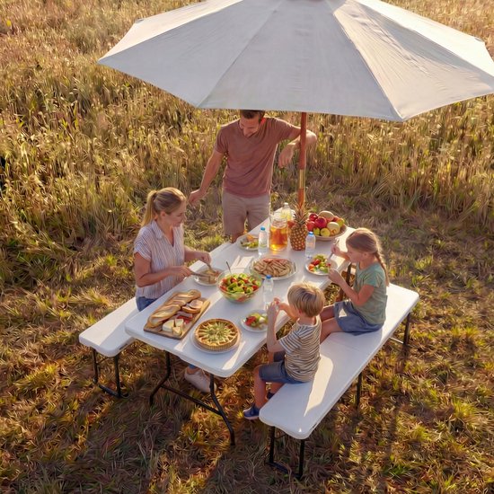 LifeGoods Zusammenklappbares Picknick-Set - 124cm x 61.5cm - Gartentisch mit 2 Bänken - Wetterfest - Campingtisch - Biertisch zusammenklappbar - Für Innen und Außen - Für 4 bis 6 Personen - Weiß